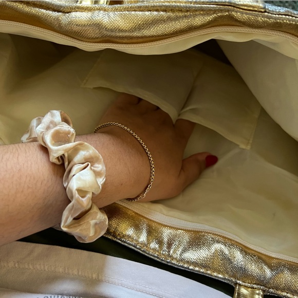 Color-block Shiny Metallic Silver & Gold Medium Large Tote Bag Pockets Laptop - Picture 8 of 16